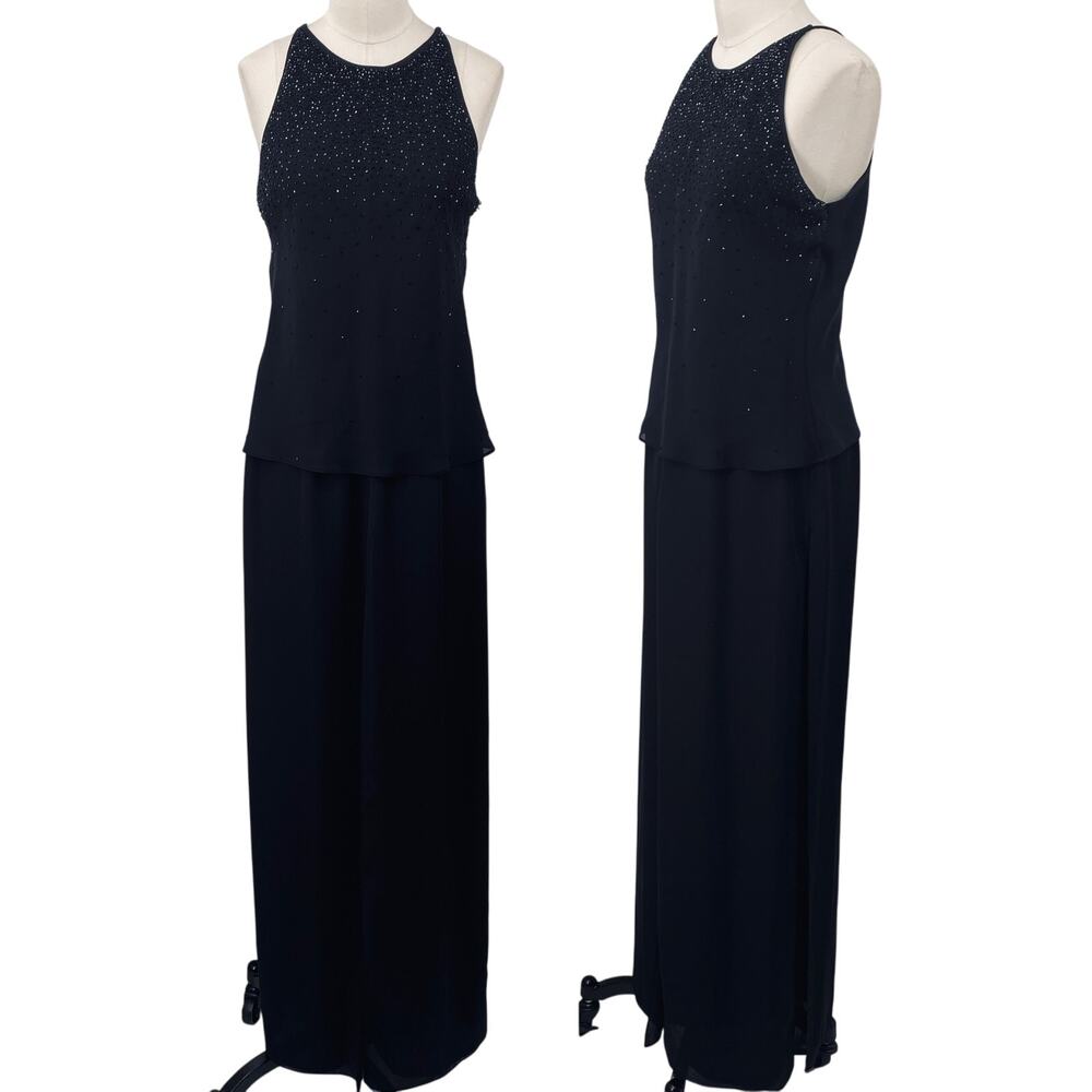 Vintage 90s Layered Beaded Jumpsuit Flowy Wide Leg Silky Chiffon Halter Black M